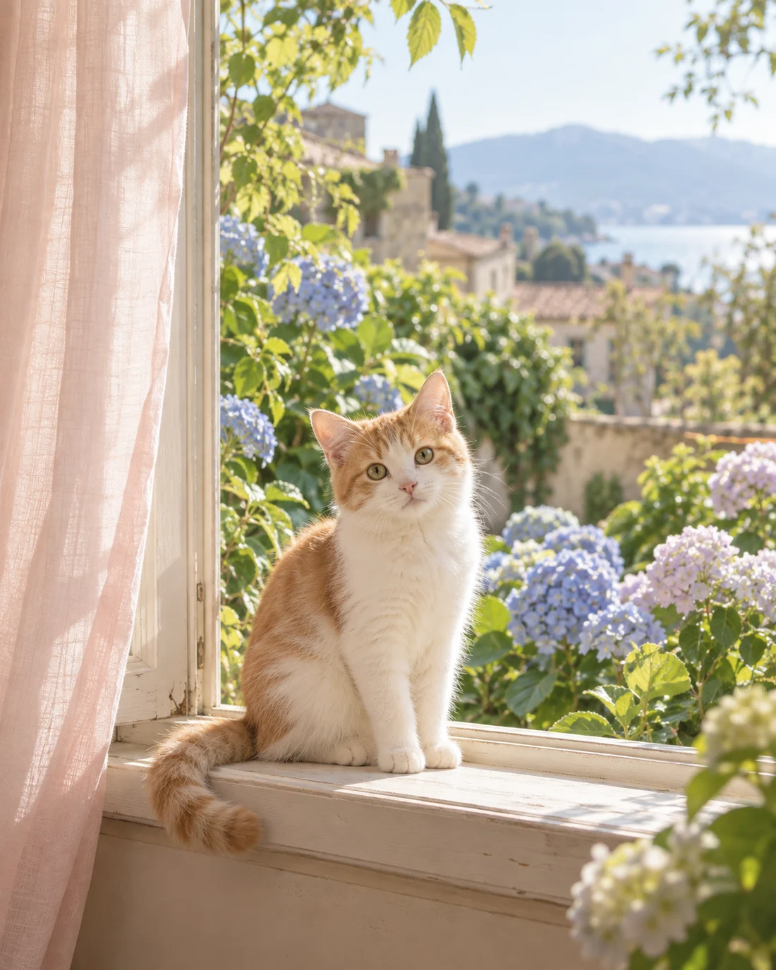 窓辺の猫と、その奥のあじさいの庭。写真を押すと、動かして体験できます。